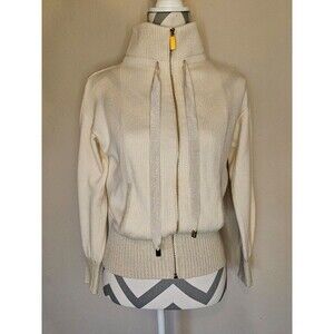 LUISA SPAGNOLI Muffin Ivory 91% Virgin Wool Zip Cardigan Jacket Gold Trim M